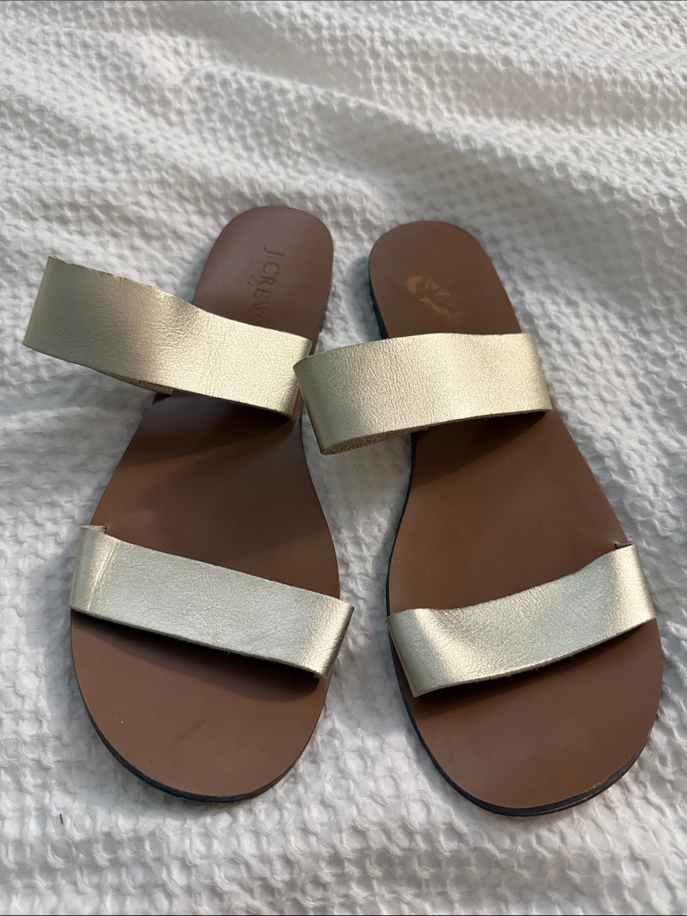 J. Crew Metallic Gold Double-Strap Leather Slide Sandals